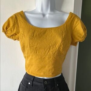 Yellow Linen Puff Sleeve Crop Top